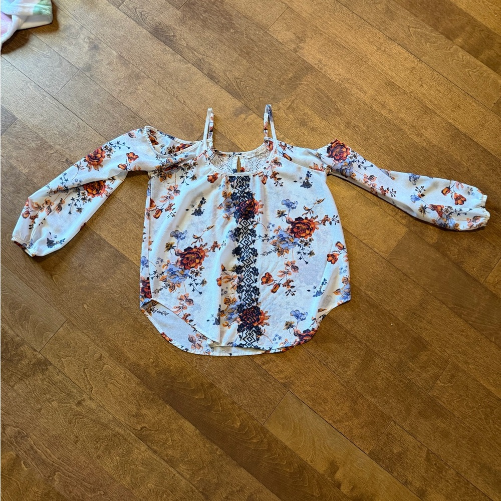 Rewind White Floral Cold-Shoulder Camisole with Rust and Blue Accents